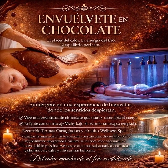 El anuncio promociona un paquete de spa para parejas que ofrece una experiencia única con Spa Subacuático, Masaje Termal, Termas Cartaginesas, Todo Incluido Premium y 2 noches para desconectar, desde 350€.
