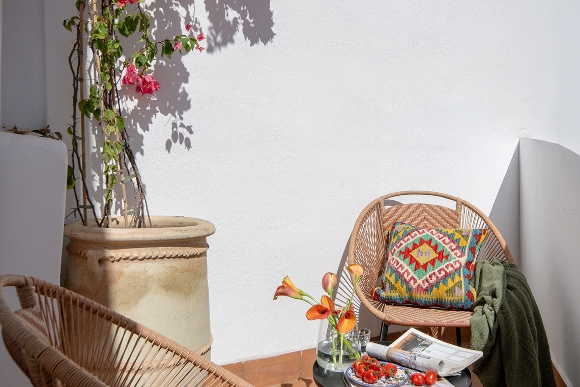 Una escena soleada en una terraza con una planta trepadora, una silla de mimbre con un cojín vibrante y una mesa con flores y tomates, sobre un fondo blanco.
