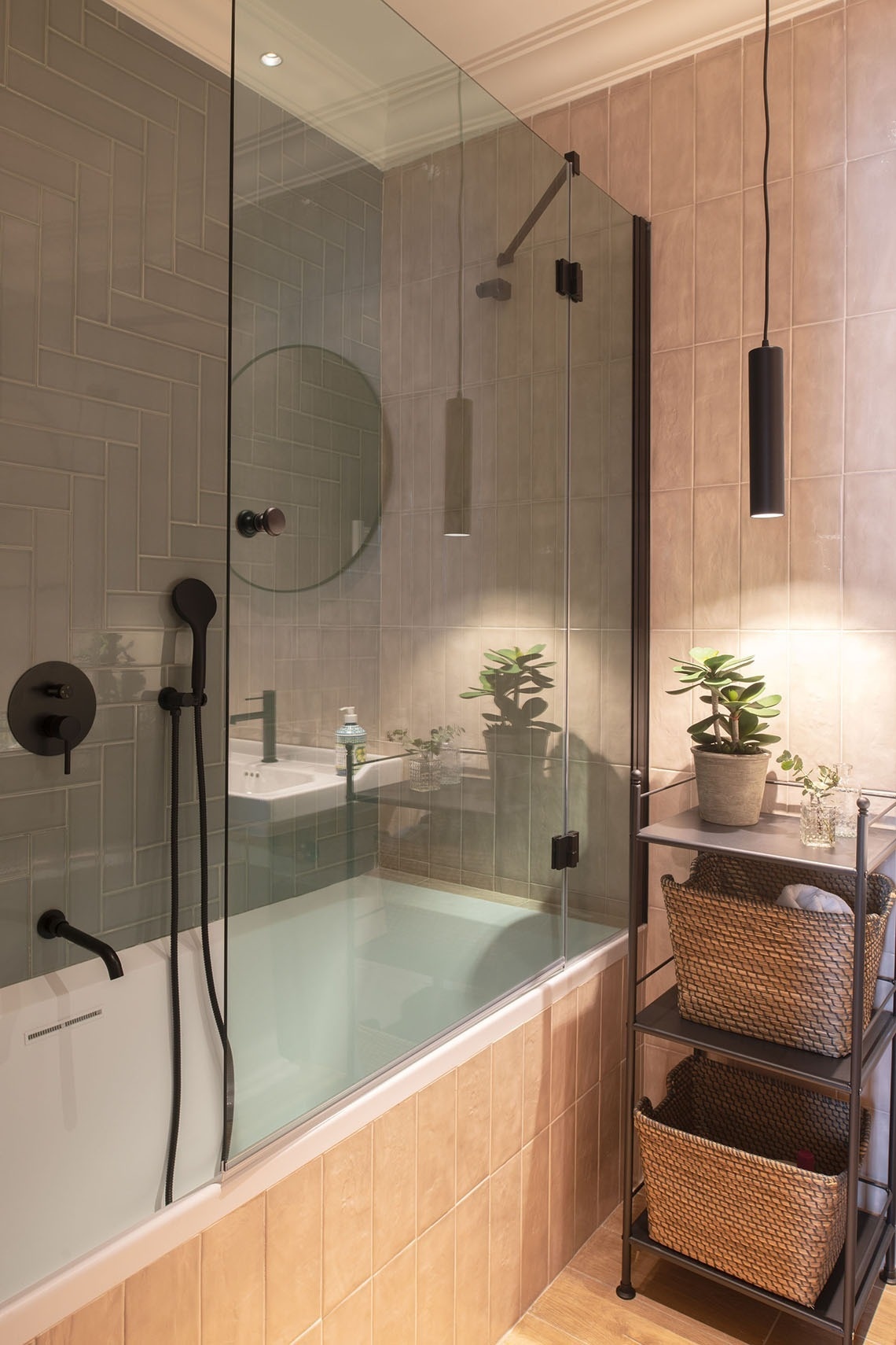 a bathroom with a bathtub and a wicker basket on a shelf