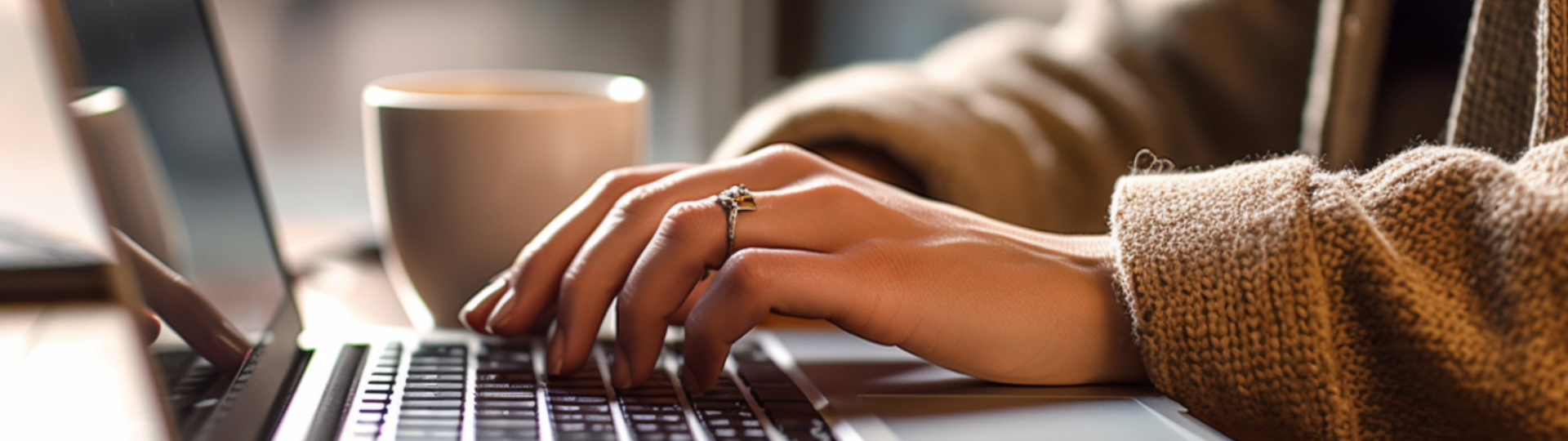 una mujer con un anillo en el dedo izquierdo está escribiendo en una computadora portátil