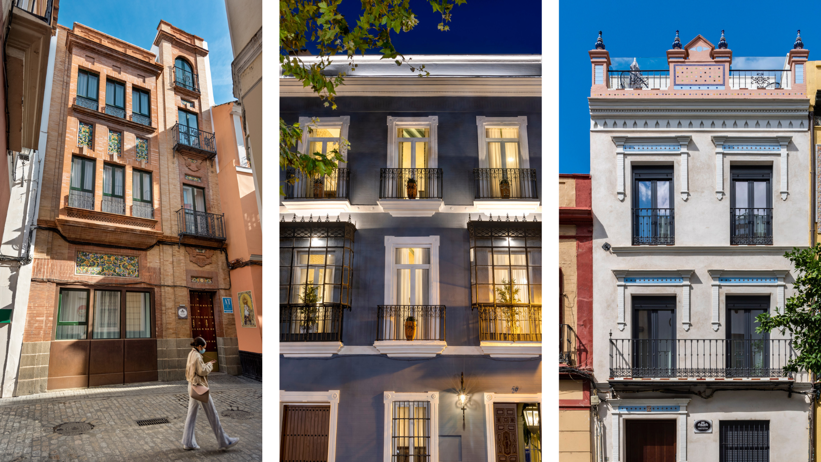 un collage de tres fotos de edificios en la ciudad