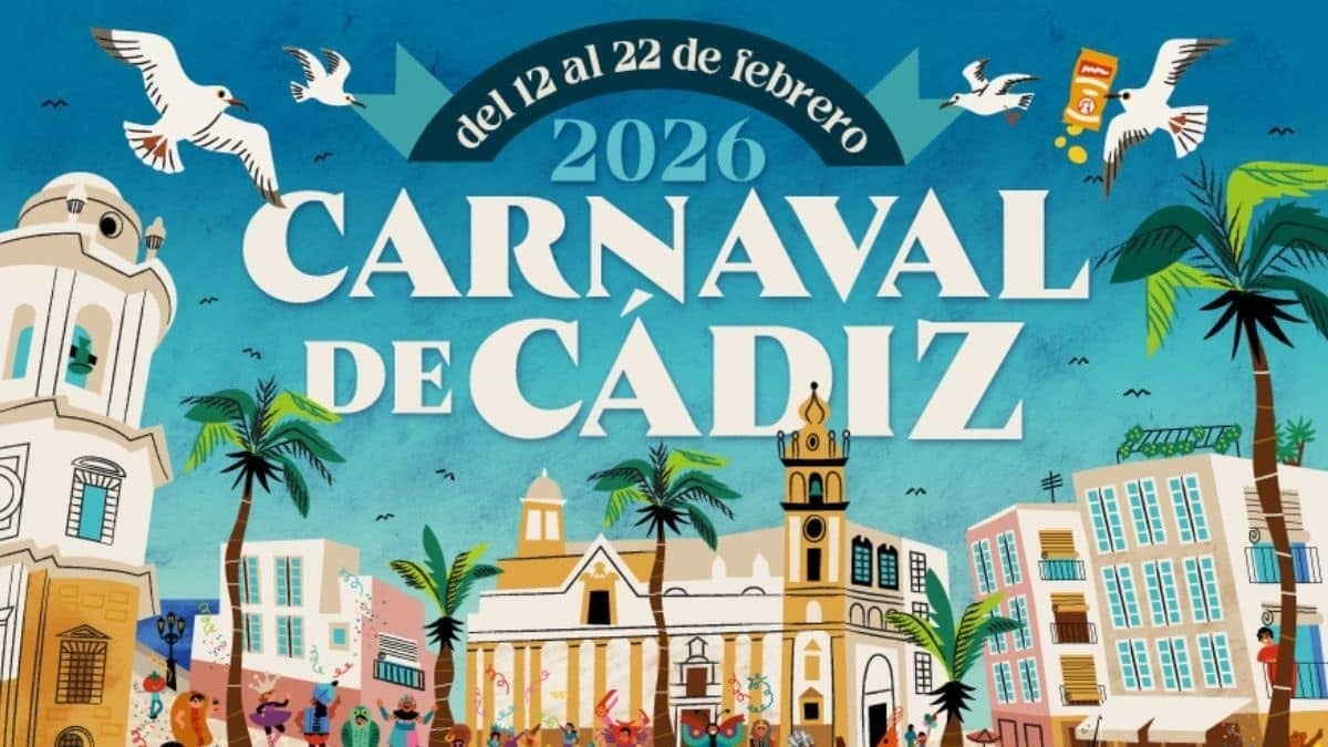 This vibrant, stylized illustration advertises the Carnaval de Cádiz from February 12-22, 2026, depicting a lively city scene with iconic architecture, palm trees, and seagulls, one of which is comically carrying a bag of chips.
