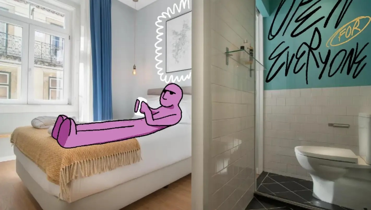 un dibujo de un hombre acostado en una cama junto a un inodoro y una pared que dice bien a todos