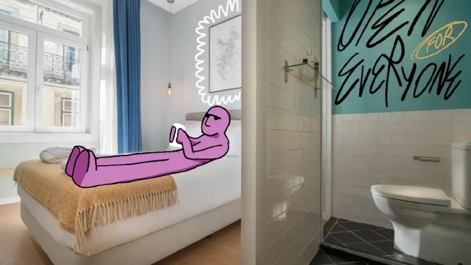 un dibujo de un hombre acostado en una cama junto a un baño con la palabra 