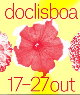 a poster for doclisboa shows a red flower on a yellow background