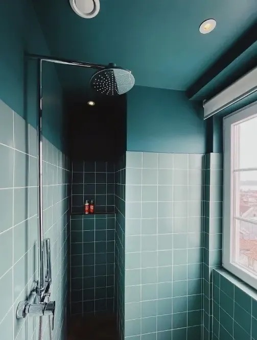 a bathroom with green tiles and a shower head