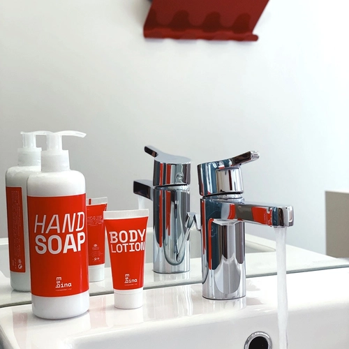 a bottle of hand soap sits next to a bottle of body lotion