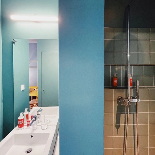 a bathroom with a sink a mirror and a shower