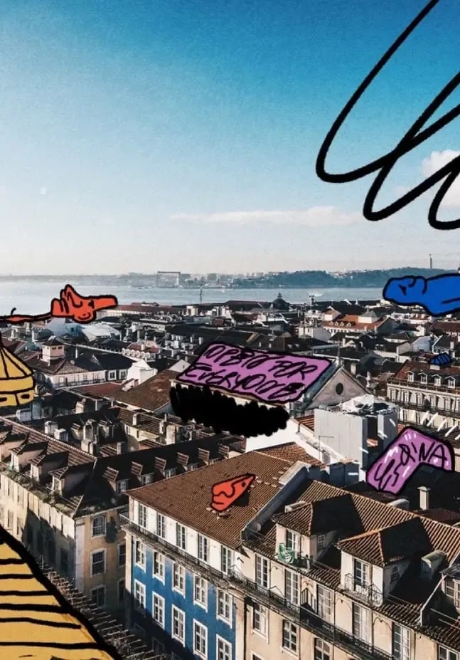 um desenho animado de uma cidade com as palavras " tudo bem pessoa " ao fundo