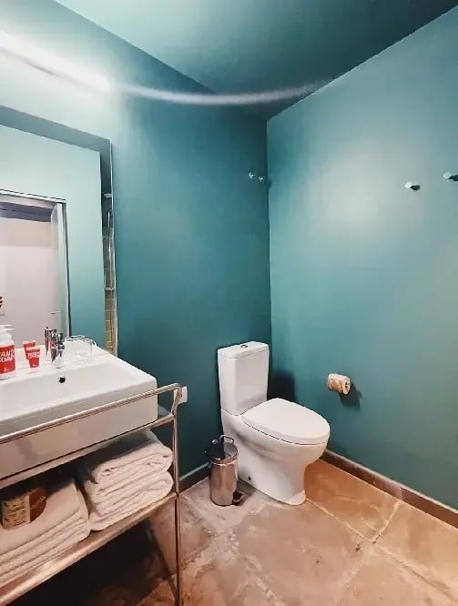 a bathroom with a toilet , sink and mirror .