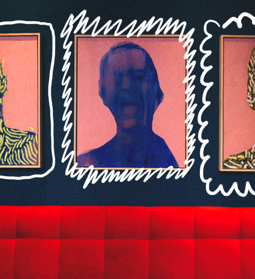 three paintings are hanging on a wall with a red couch in the foreground