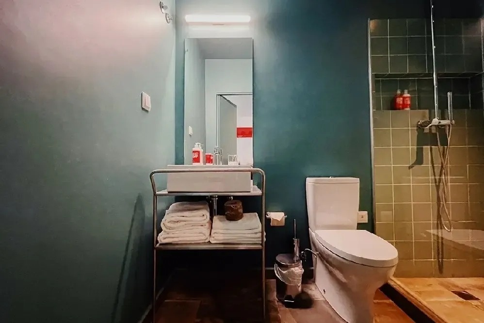 a bathroom with a toilet a sink and a mirror