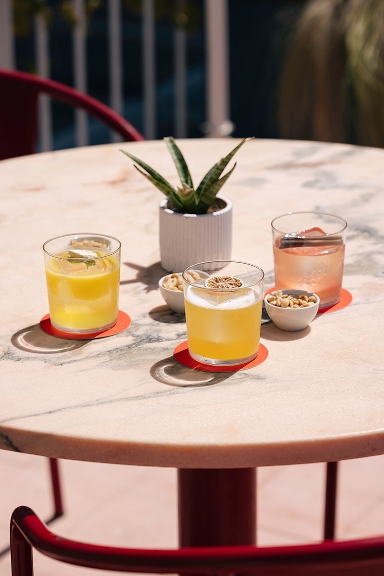 three drinks on a table with a plant in the background