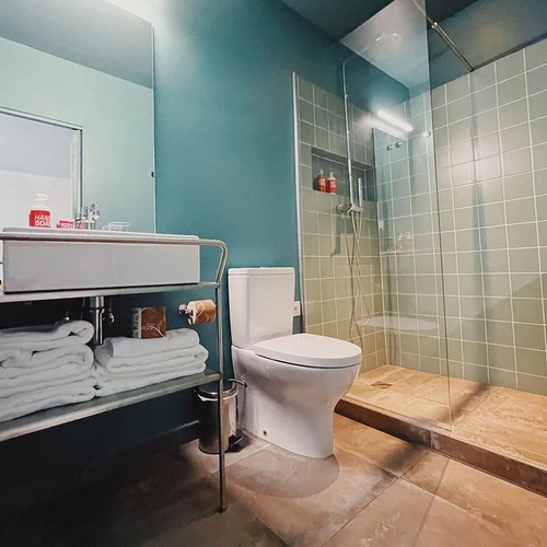 a bathroom with a toilet a sink and a glass shower