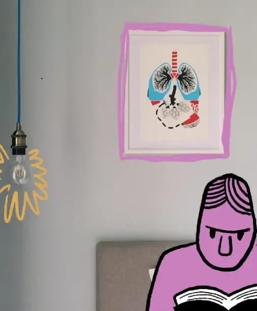 un dibujo de una persona leyendo un libro junto a una pintura de los pulmones