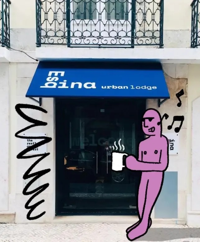 uma caricatura de um homem segurando uma xícara de café em frente ao espina urban lodge