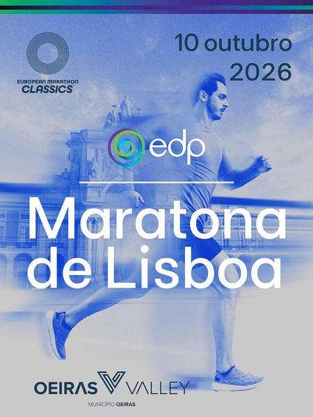 Maratona de Lisboa: 'Esqina Urban Lodge' poster with runner and event details