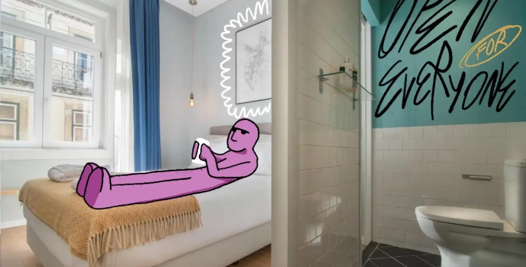 a drawing of a person laying on a bed next to a bathroom that says open to everyone
