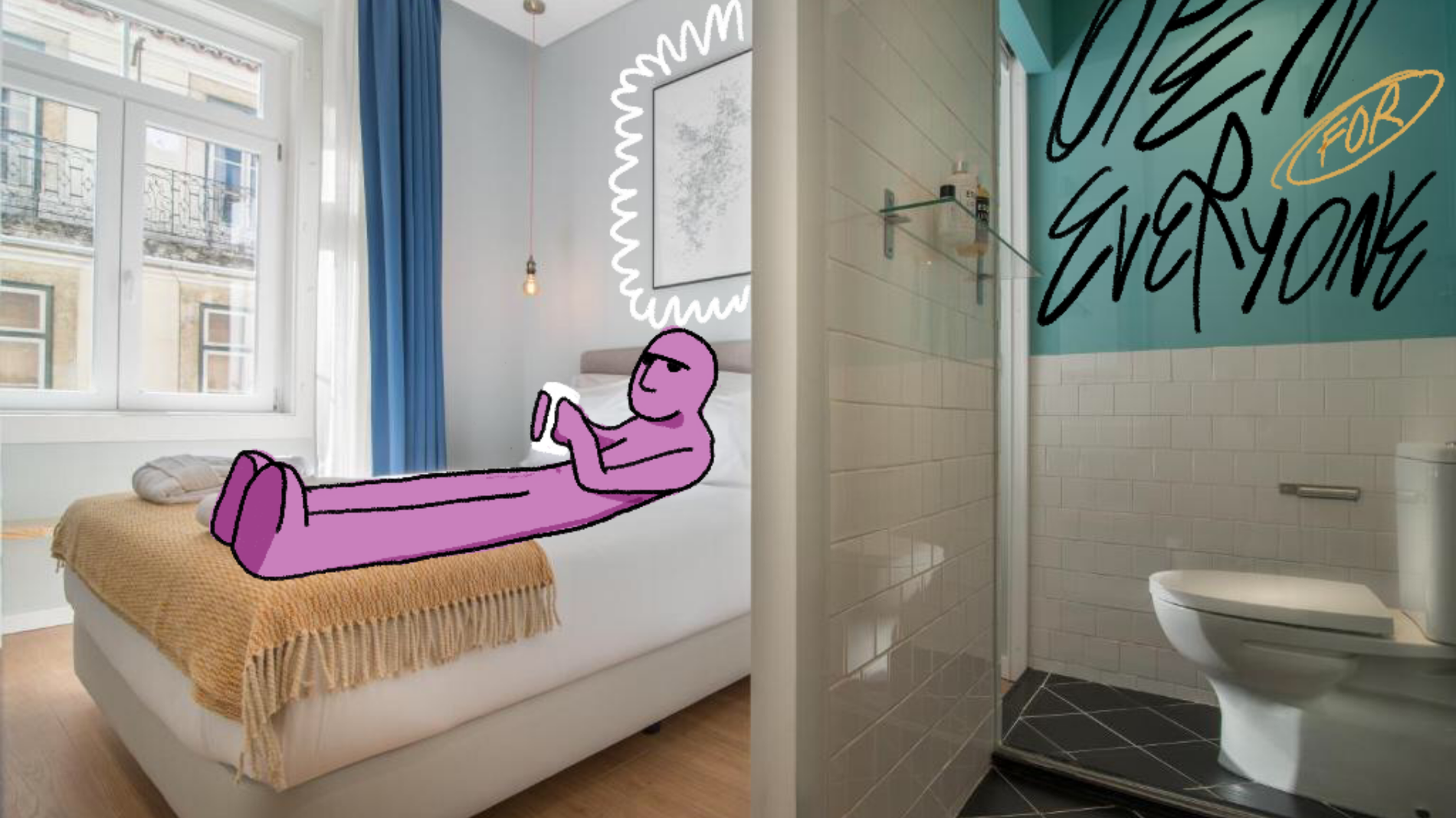 a drawing of a person laying on a bed next to a bathroom that says open to everyone