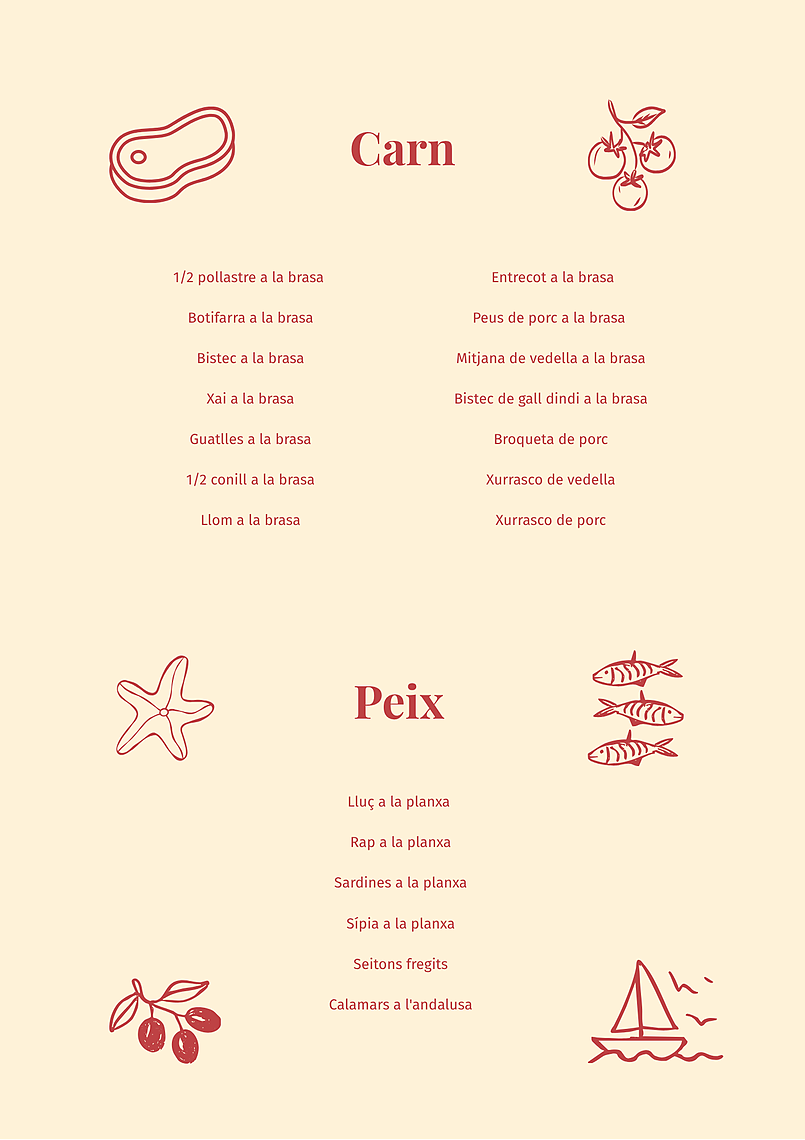 Un menú de restaurant amb llistes de plats de carn i peix a la graella, amb il·lustracions temàtiques.