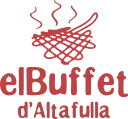 Un logotipo rojo y negro de el Buffet d'Altafulla que muestra una ilustración estilizada de comida humeante en una rejilla o bandeja.