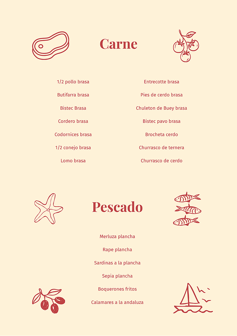 Un menú sencillo presenta opciones de carne y pescado a la parrilla, con ilustraciones minimalistas.