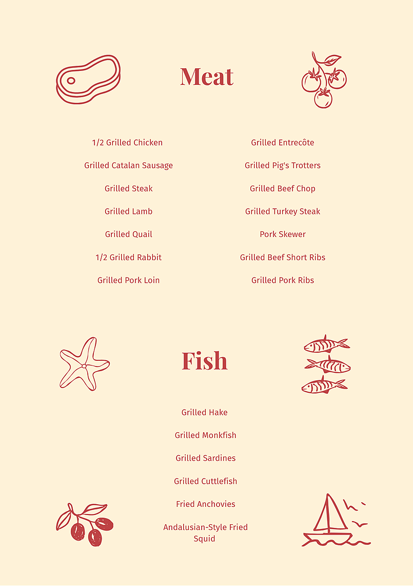 This image displays a rustic menu primarily featuring grilled meat and fish dishes, categorized under "Meat" and "Fish," and adorned with simple food and sea-themed illustrations.