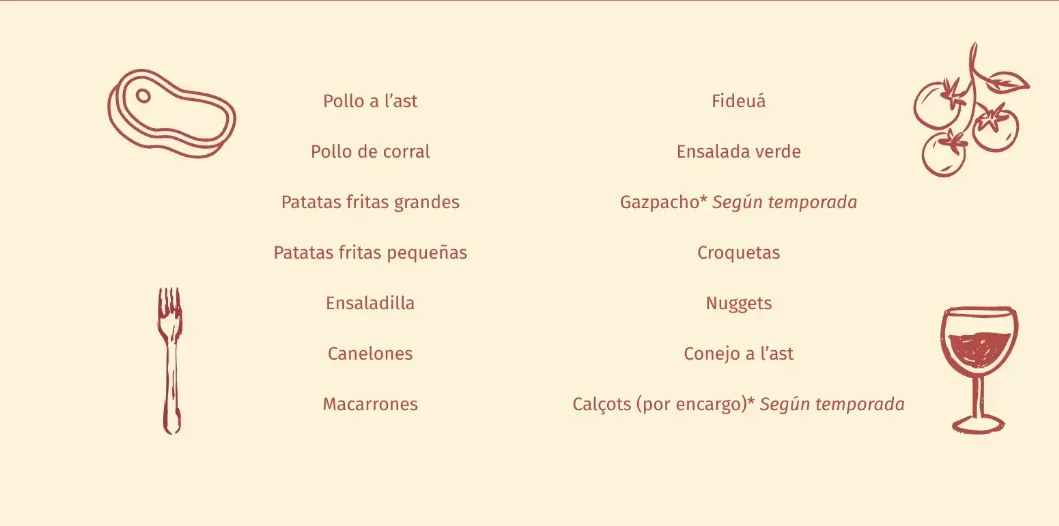 La imagen muestra un menú de comida con platos listados en dos columnas, adornado con ilustraciones de alimentos, bebida y un tenedor.