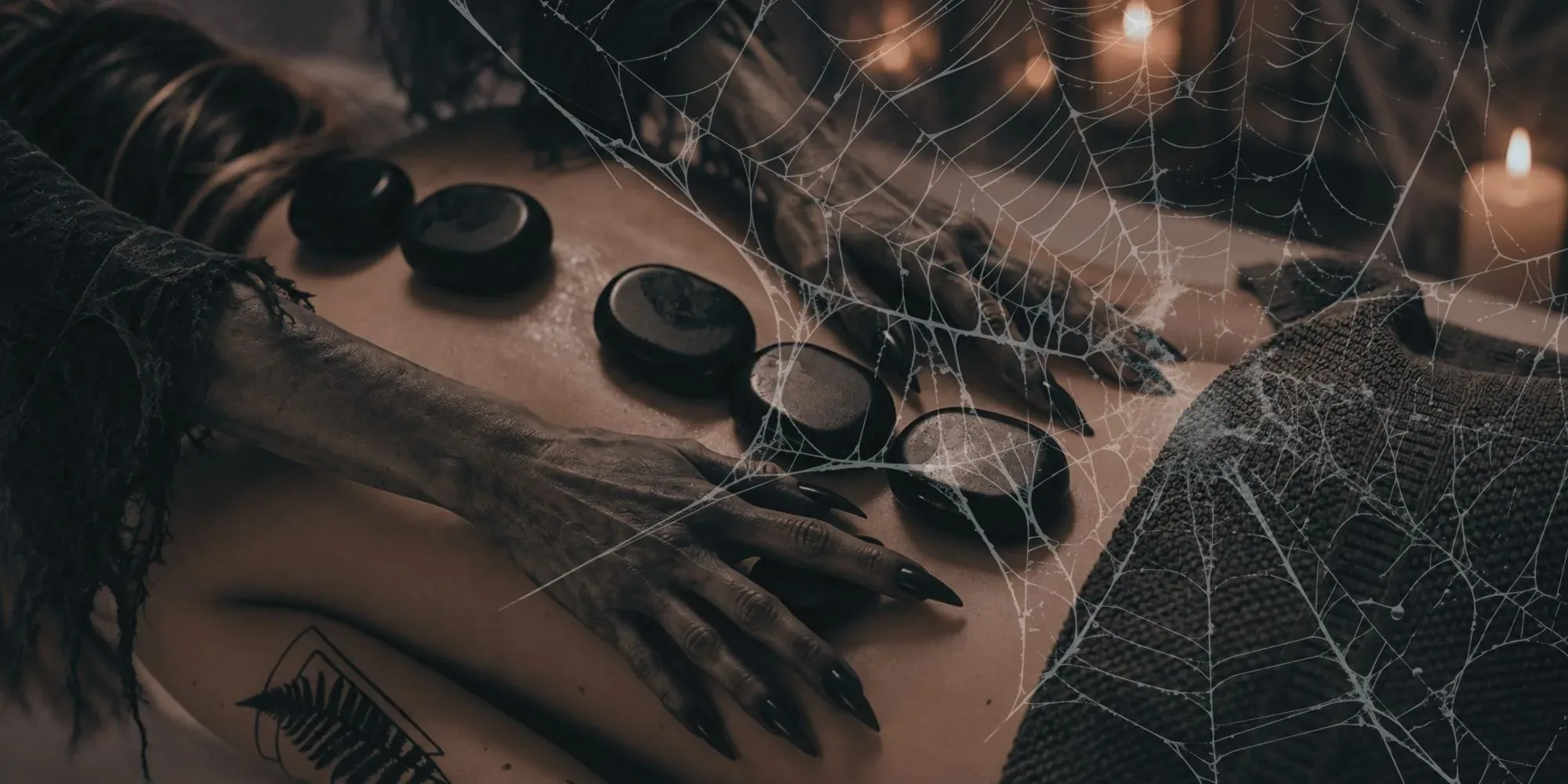 Une expérience de spa d'Halloween avec des pierres chaudes et une main de sorcière, parfaite pour ESTIVAL: Aquum Spa.