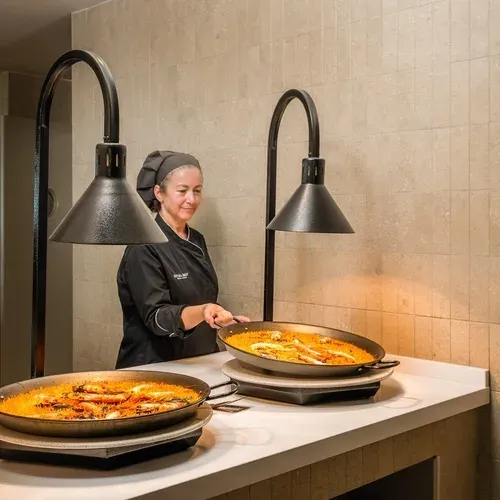 Estival Maramar: Kochin präsentiert Paella-Gerichte unter Wärmelampen. Estival Group.