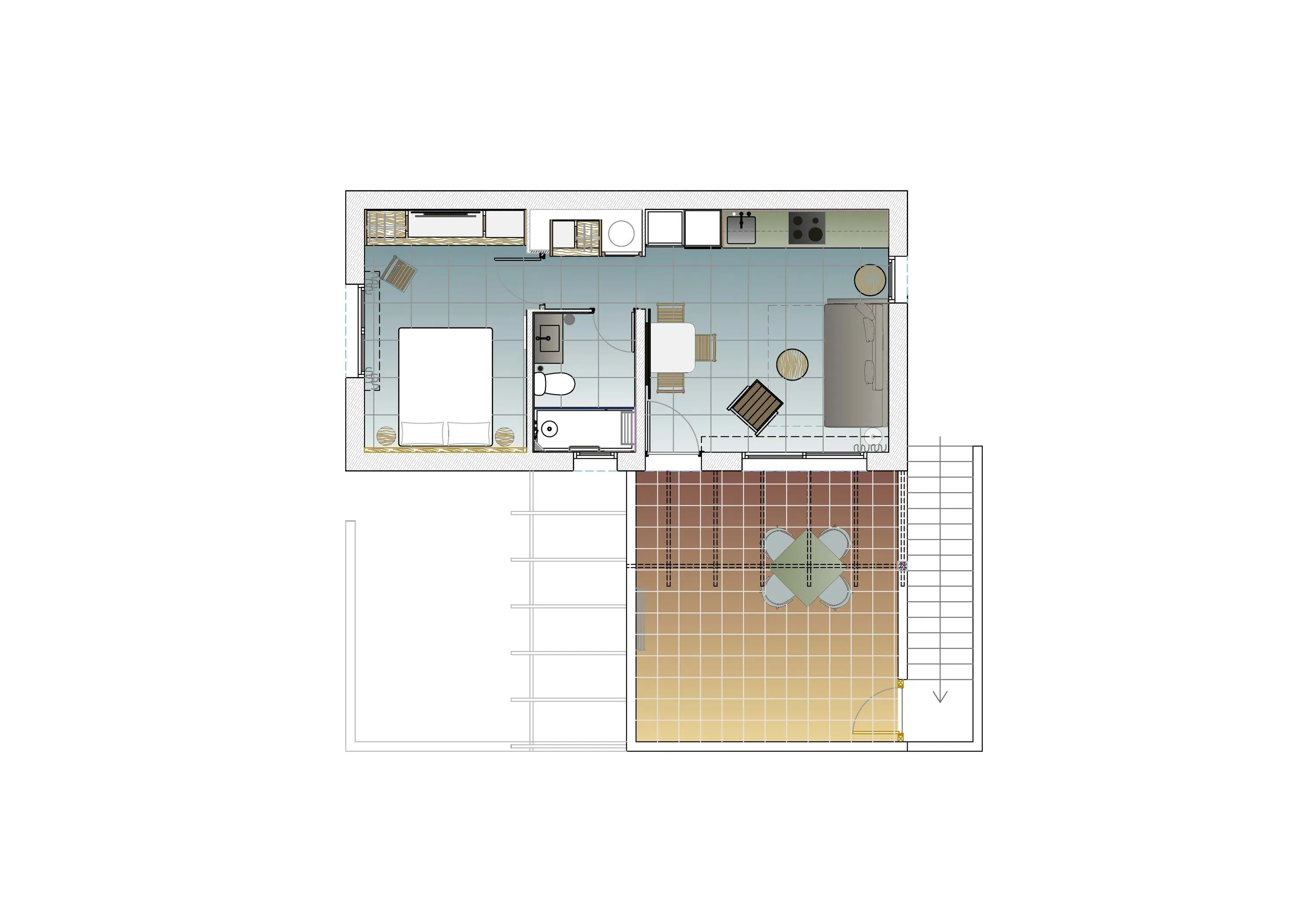 ESTIVAL: Plànol d'apartament acollidor amb llit, bany, cuina i balcó.