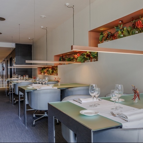 a dining room with tables and chairs and plants on the wall
