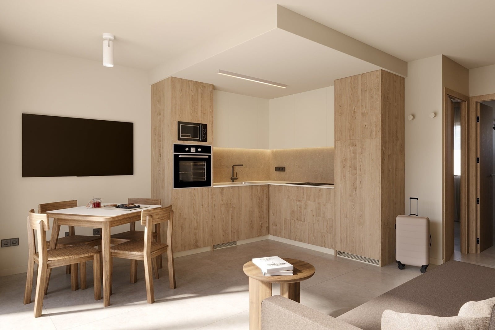 A modern, open-plan apartment space showcases a light wood kitchen with integrated appliances, a dining area, and a wall-mounted TV, all rendered in a clean, neutral palette.