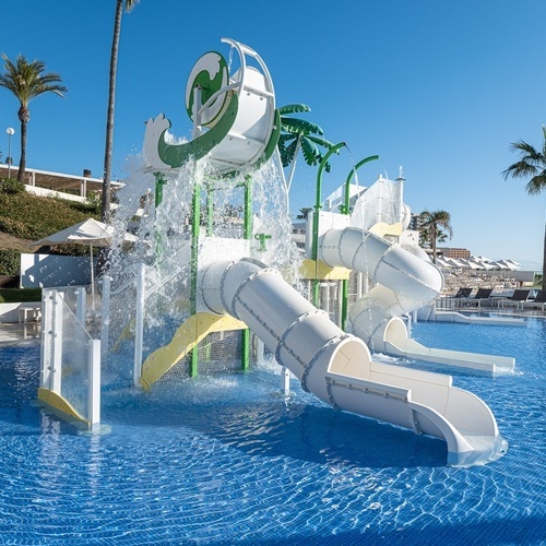 a water slide in a pool with palm trees in the background
