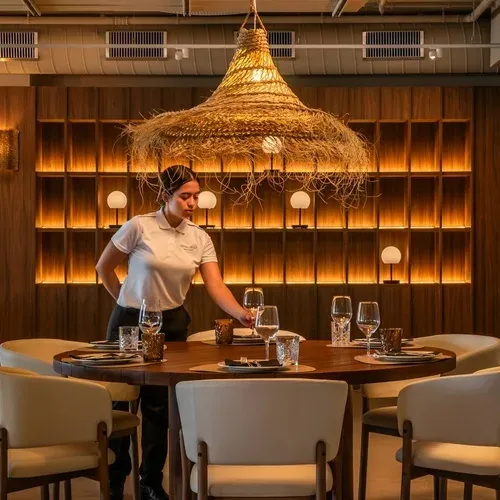 Estival Maramar | Estival Group | Tarragona: Kellnerin deckt den Tisch für ein Abendessen.