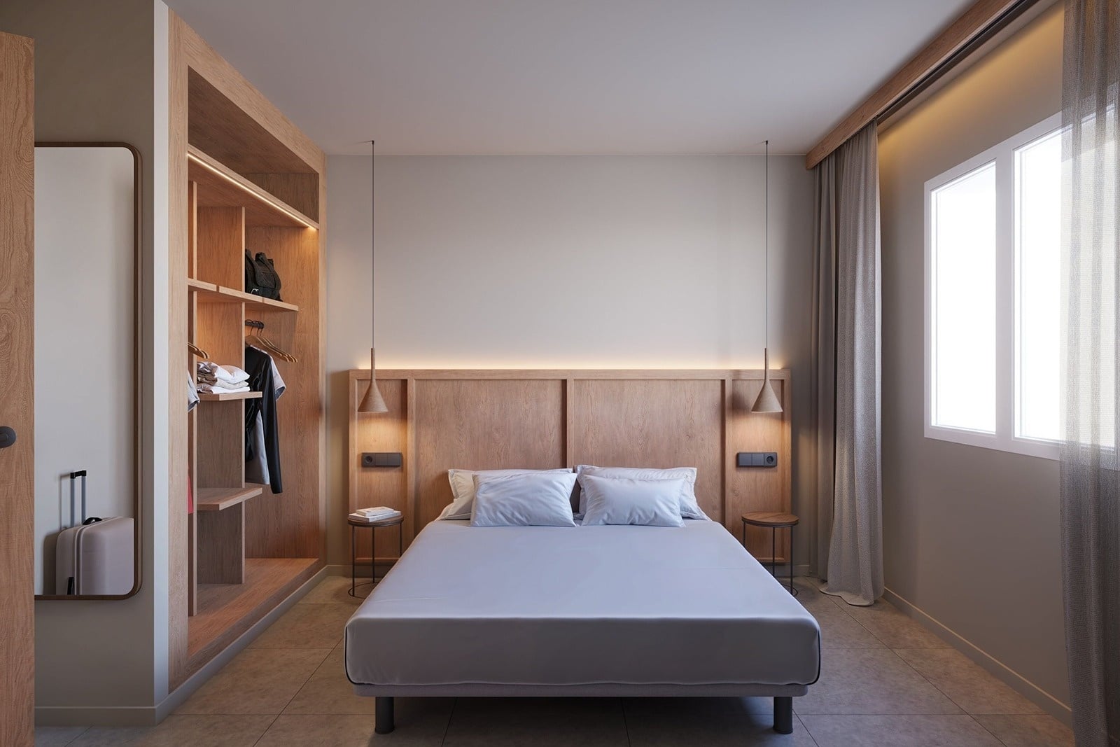 A modern and minimalist bedroom features a bed with a wooden headboard, accent lighting, hanging pendant lamps, an open wooden closet, and a window with sheer curtains.