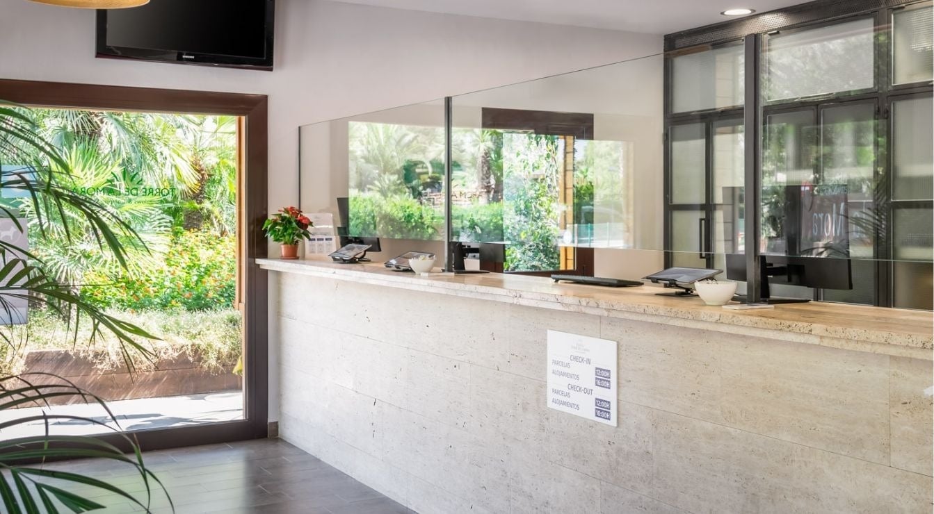 This image shows an outdoor restaurant patio with multiple tables and chairs set on a wooden deck, surrounded by trees, and offering a beautiful view of the clear blue sea under a bright sky.