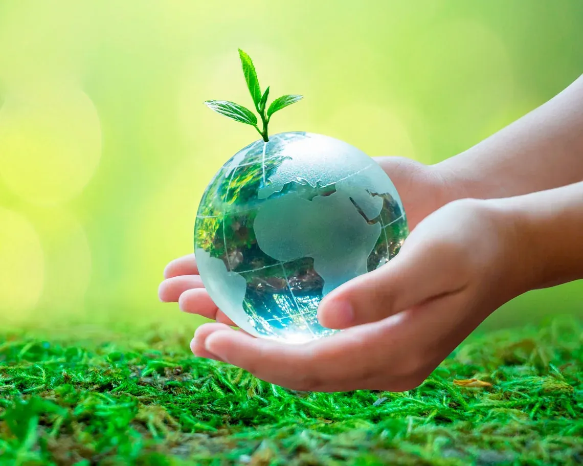 ESTIVAL: Corporate: Hands hold globe with plant, symbol of future
