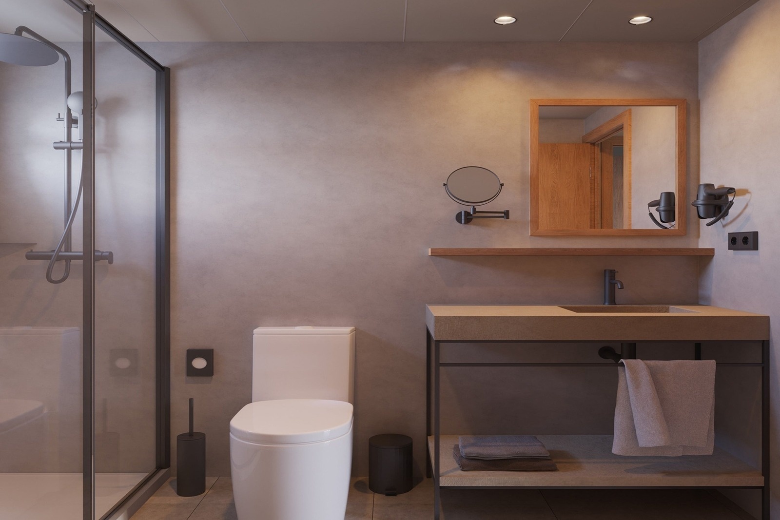 A modern and minimalist bathroom features a glass-enclosed shower, a white toilet, and a vanity with an integrated sink, framed by neutral-toned walls and warm lighting.