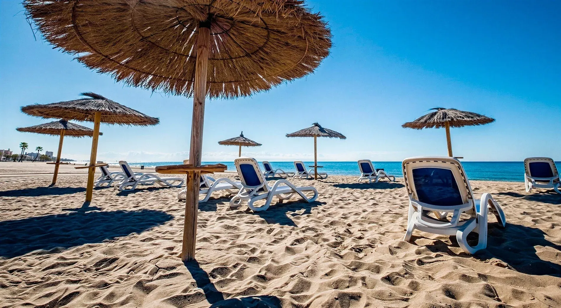 Plage ensoleillée avec chaises longues et parasols, localisation idéale à Estival Vendrell Platja, Baix Penedés. Visitez notre site web officiel.
