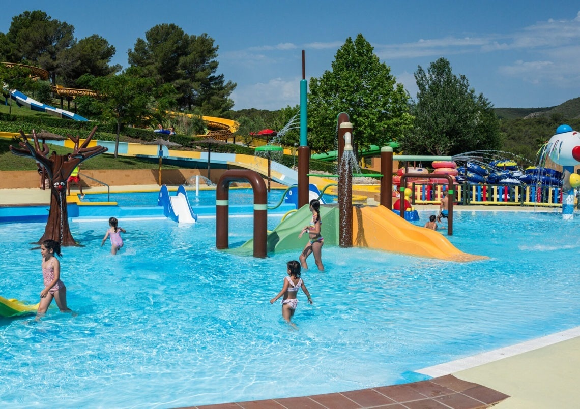 un grupo de niños juegan en una piscina en un parque acuático