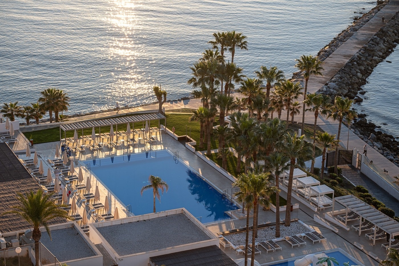 an aerial view of a large swimming pool surrounded by palm trees