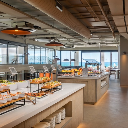 a buffet with a sign that says ' a ' on it