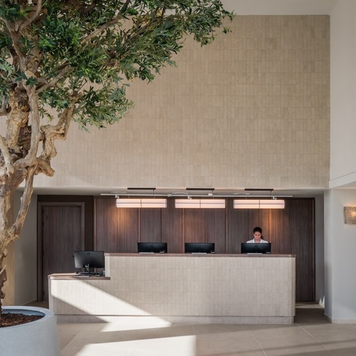 a woman stands behind a reception desk in a hotel