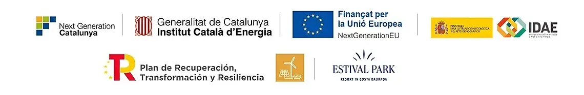 ESTIVAL: Firmenlogo. Logos Next Generation EU, Generalitat, IDAE & Estival Park Resort Costa Daurada.