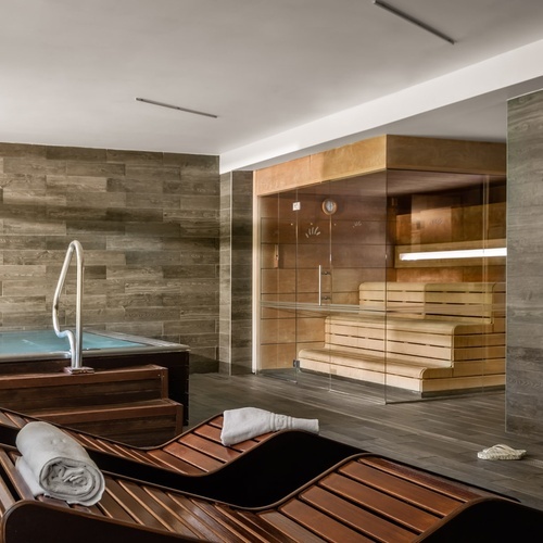 un jacuzzi y una sauna están dentro de un spa