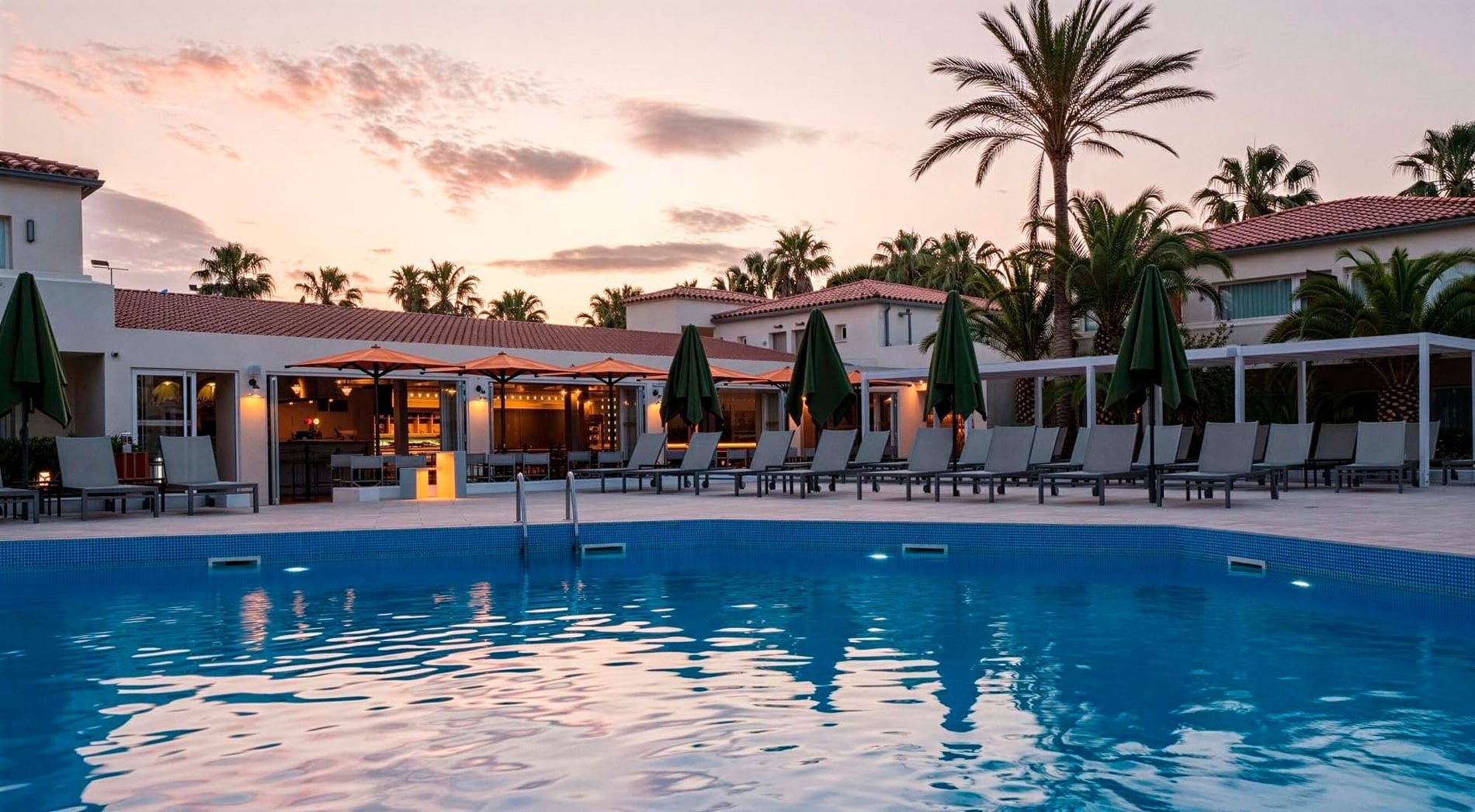 A tranquil swimming pool at a resort is surrounded by loungers, umbrellas, buildings with red-tiled roofs, and palm trees under a warm sunset sky.