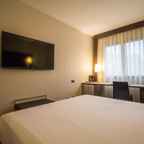 a hotel room with a bed a desk and a flat screen tv