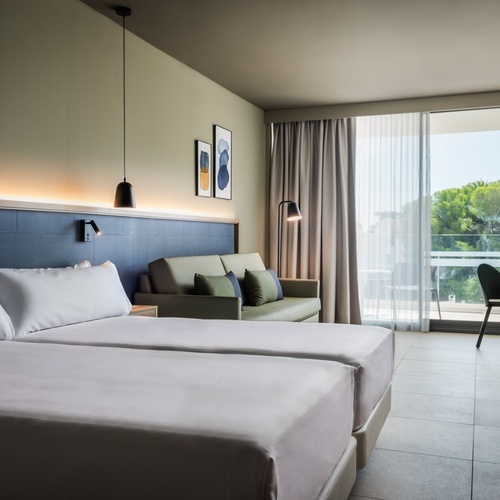 an artist 's impression of a hotel room with a king size bed