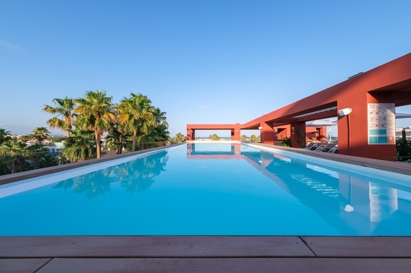 a large swimming pool is surrounded by palm trees